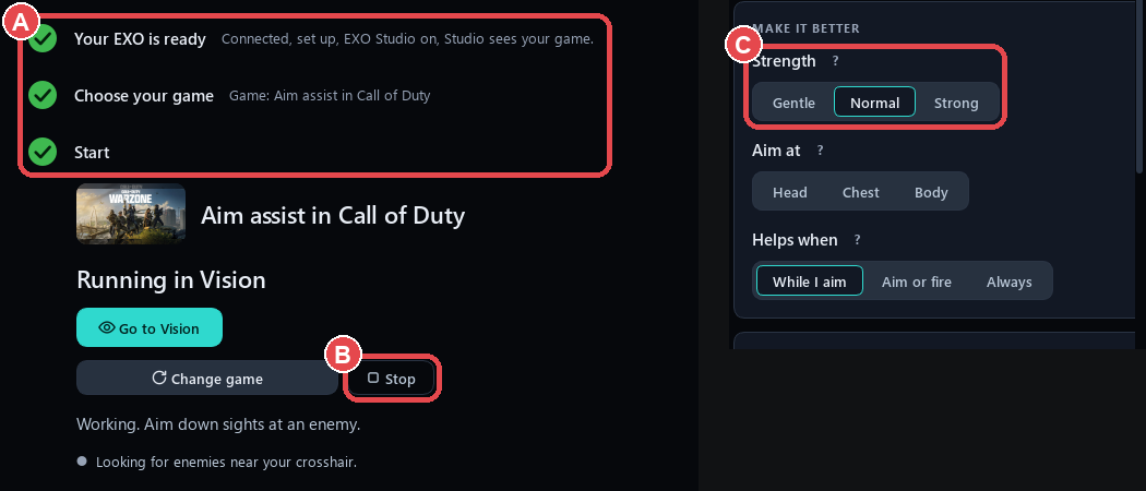 EXO Studio Play page running Call of Duty aim assist: (A) the ticked checklist, (B) the Stop control that switches the pack off, (C) the Strength choice (Gentle/Normal/Strong).
