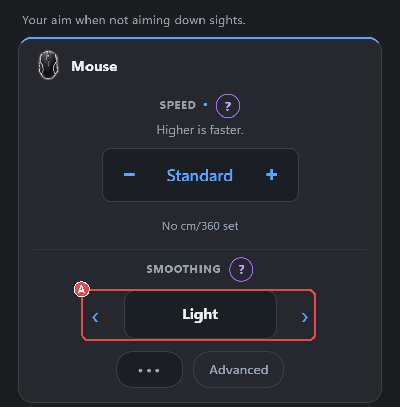 Aim, Hip page, mouse config: (A) the smoothing preset carousel (showing Light).