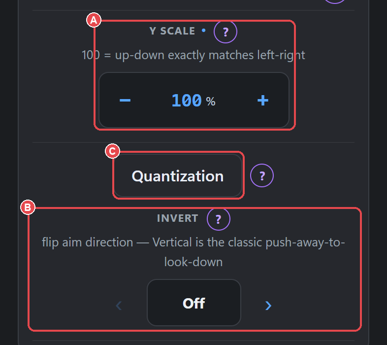 Aim, Hip page, Mechanics: (A) Y Scale, (B) Invert carousel, (C) Quantization button (opens Magnitude/Angle).
