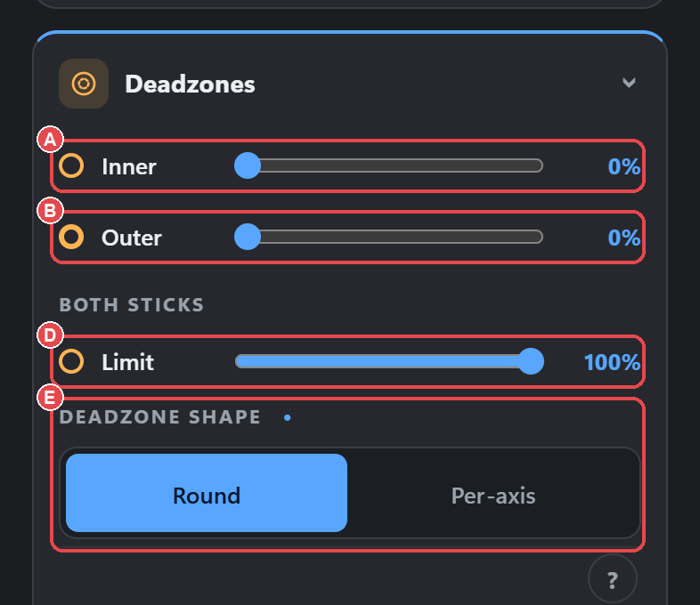 Aim, controller config, Deadzones: (A) Inner, (B) Outer, (D) Limit, (E) Deadzone shape (Round/Per-axis).