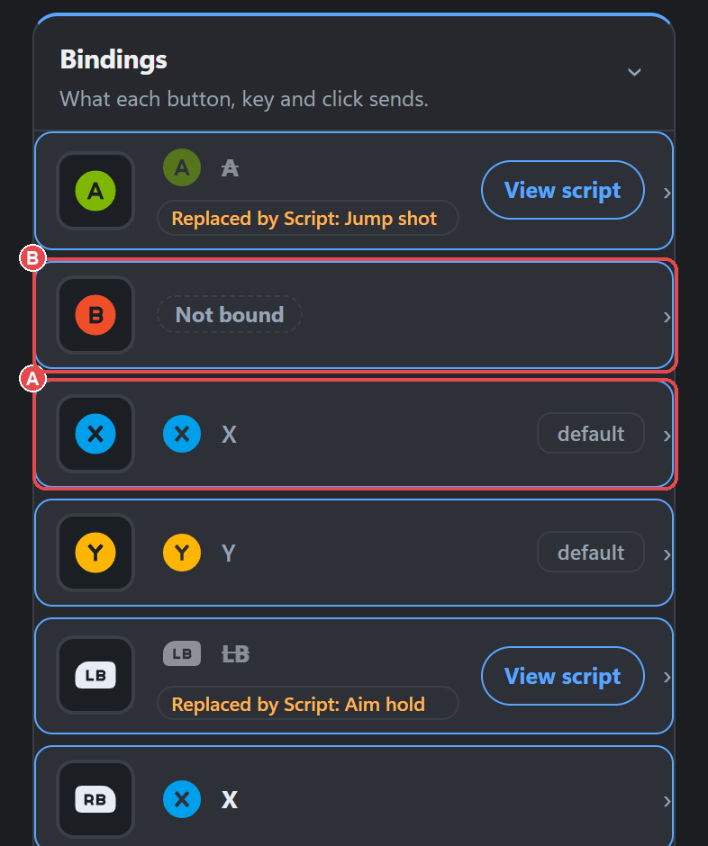 Mappings list: (A) a bound row (X), (B) a Not bound row (B).