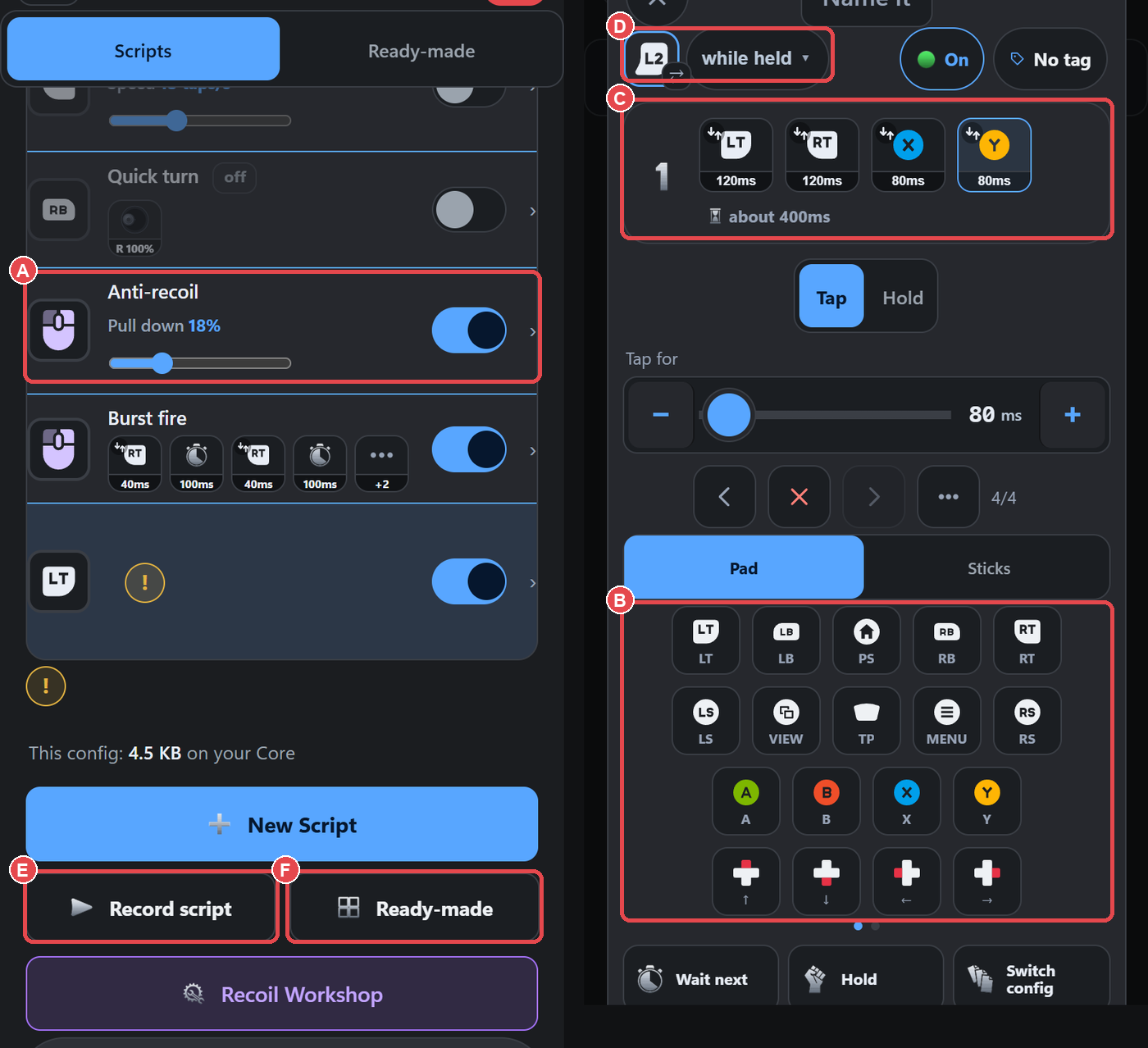 Scripts list then editor: (A) a script row, (E) Record script, (F) Ready-made library; editor with (B) step palette, (C) step strip, (D) trigger chip.