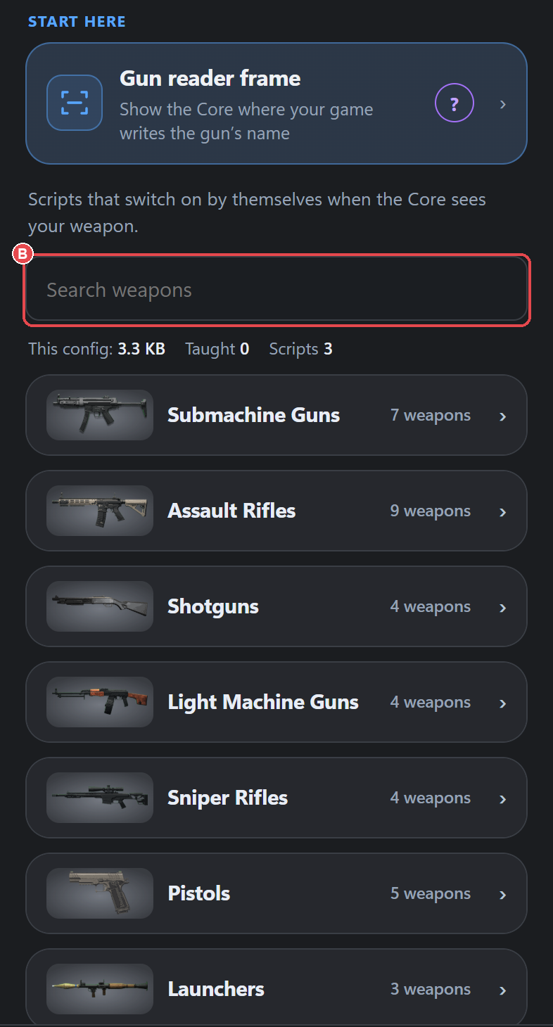 AI Scripts screen: (B) Search weapons.