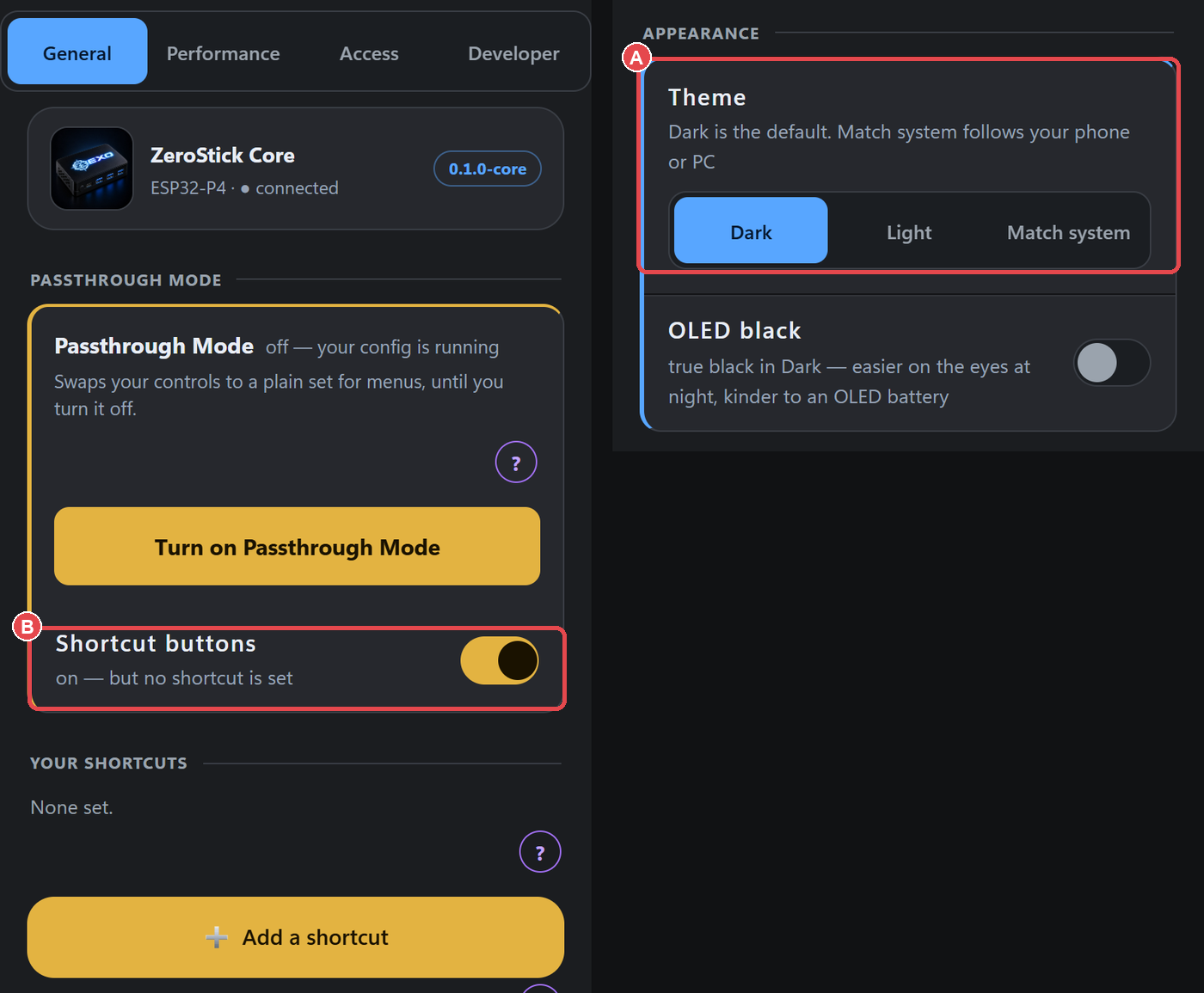 Global Settings: (B) Passthrough Mode shortcut buttons on the General tab, (A) Theme.