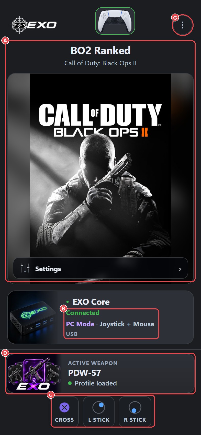 HOME of the active config: (A) config banner, (B) device line with mode and inputs, (C) live inputs strip, (D) Active Weapon card, (G) the More button.