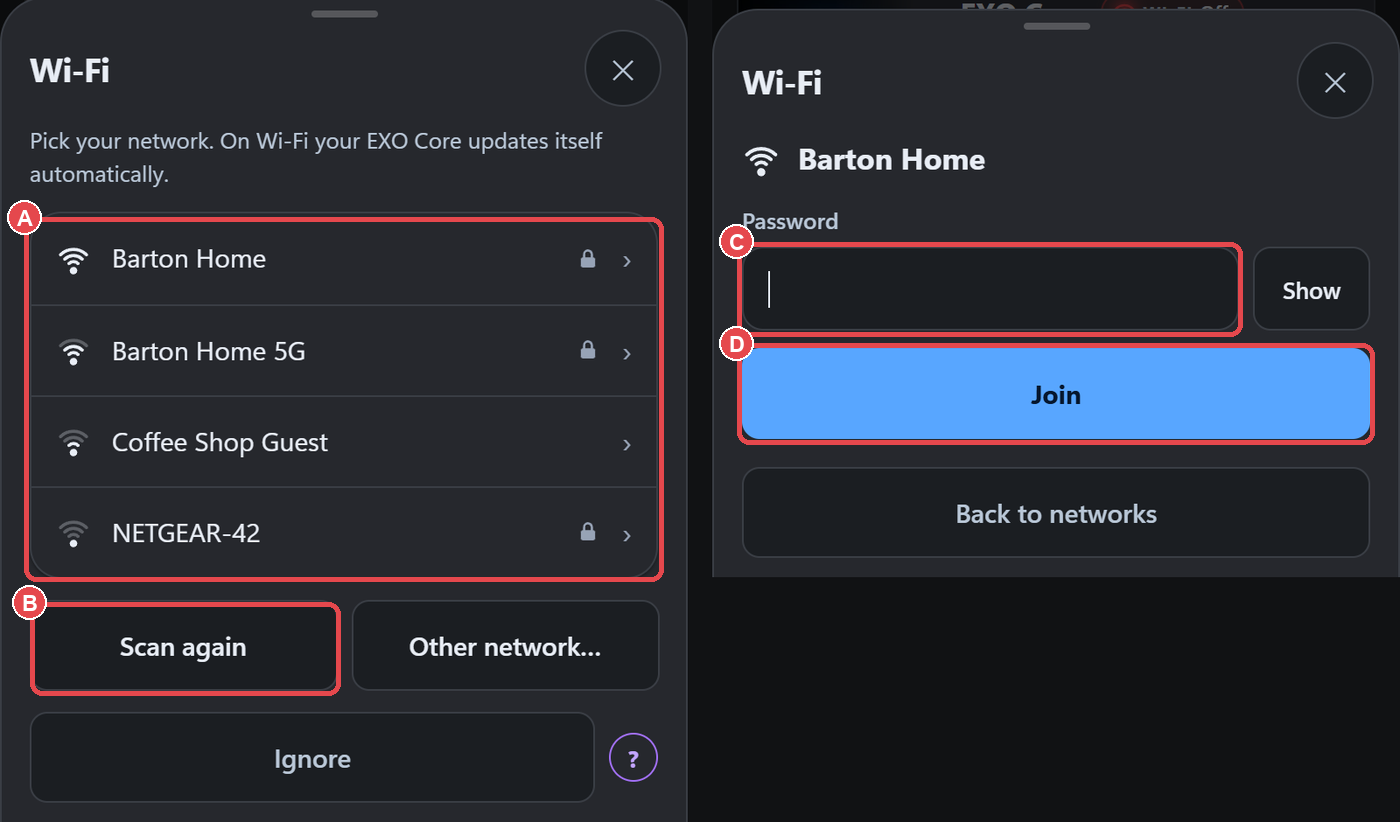 Wi-Fi sheet: (A) the scanned network list, (B) Scan again; then the join step with (C) the password field and (D) Join.