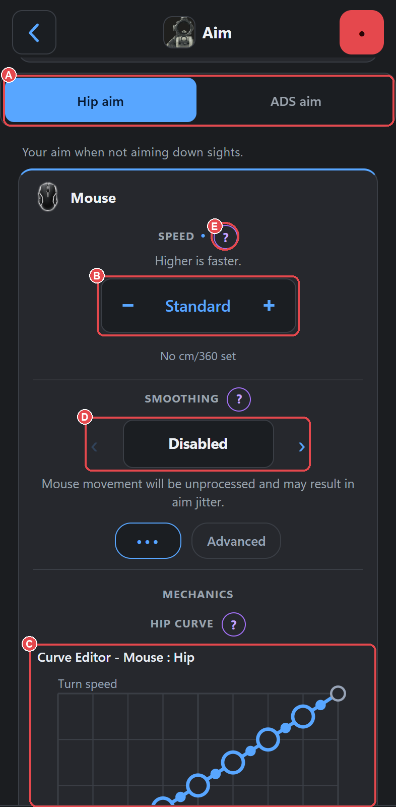 Aim screen, Hip page: (A) Hip/ADS pager, (B) Speed, (C) curve preview, (D) smoothing carousel, (E) purple ? help chip.