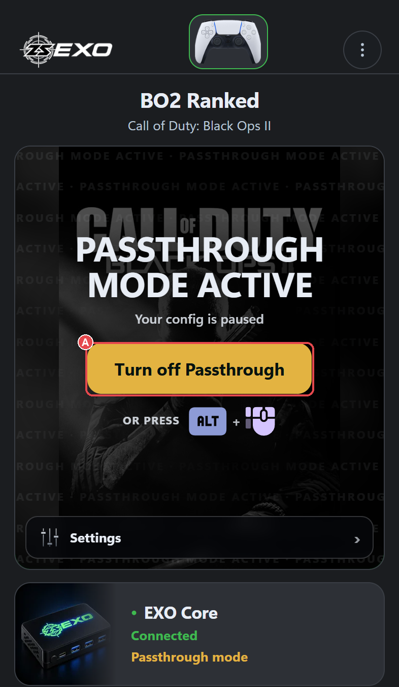 HOME with Passthrough Mode on: (A) Turn off Passthrough control.