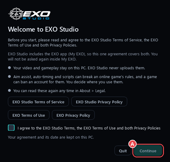 EXO Studio first-launch terms dialog: (A) Continue.