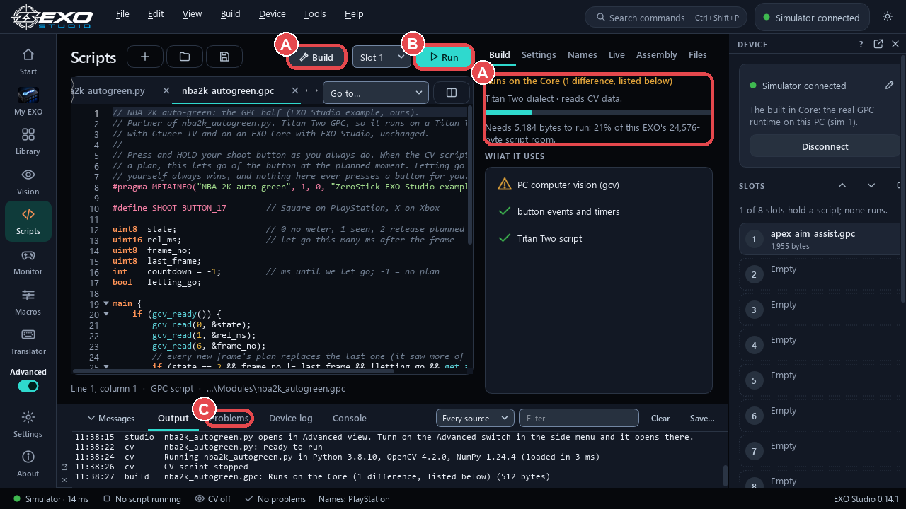 Scripts page with a GPC script: (A) Build and its verdict, (B) Run, (C) Problems tab.