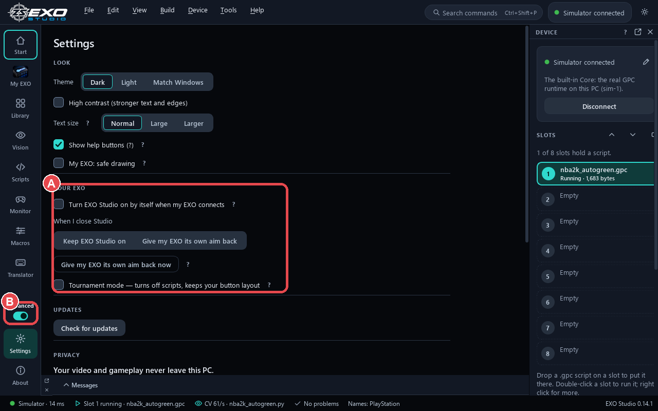Settings: (A) Your EXO section with Tournament mode, (B) Advanced view switch.