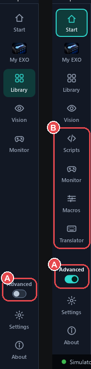 Rail before and after Advanced view: (A) the switch, (B) the new pages Scripts, Monitor, Macros, Translator.