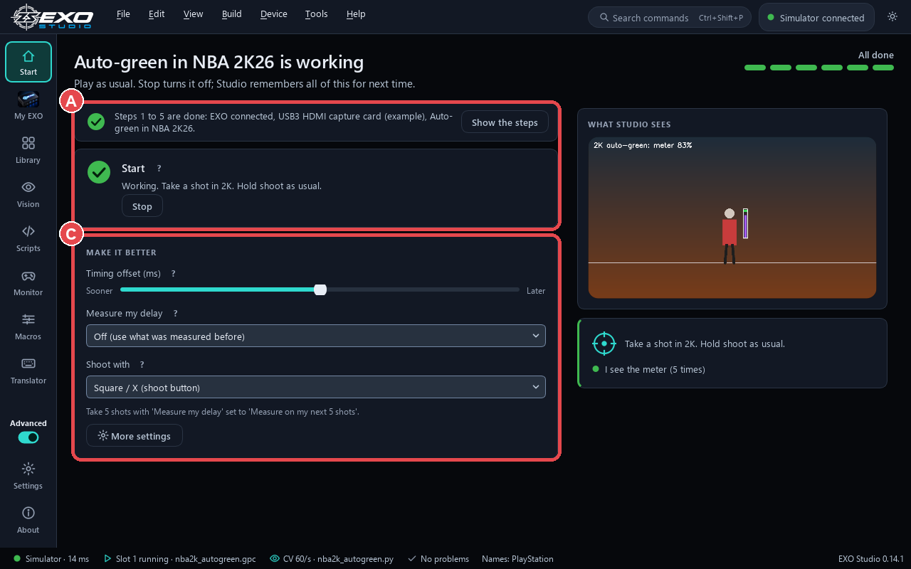 Start page in Advanced view: (A) steps summary and Start step, (C) Make it better panel.