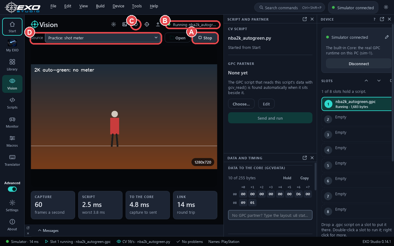 Vision page, Advanced view: (A) Start/Stop button, (B) status line, (C) record button, (D) capture source.