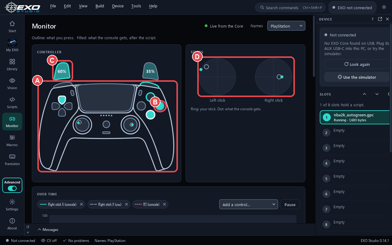 Monitor: (A) controller outline (your input), (B) a filled button (console output), (C) trigger bars, (D) stick circles.
