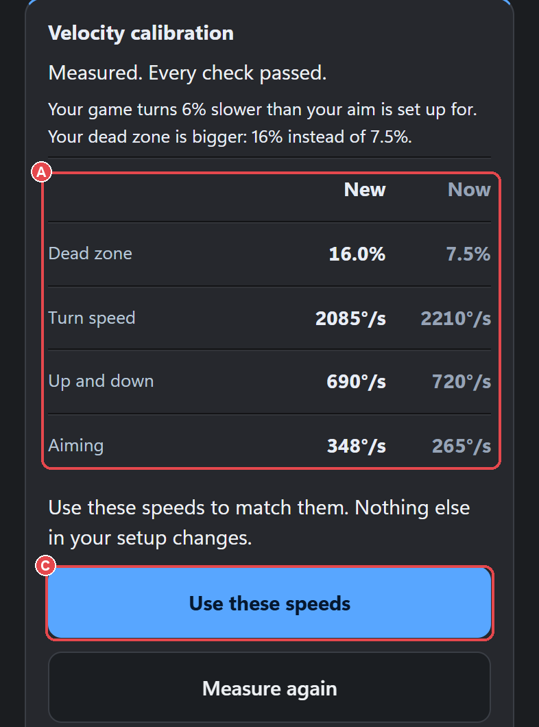 Velocity calibration result: (A) New vs Now readings, (C) Use these speeds.