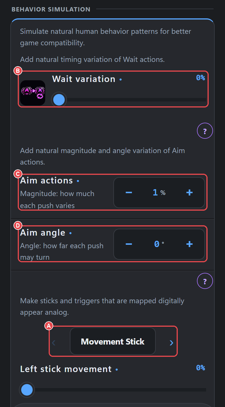 Behavior simulation: (A) Movement Stick carousel, (B) Wait variation, (C) Aim actions, (D) Aim angle.