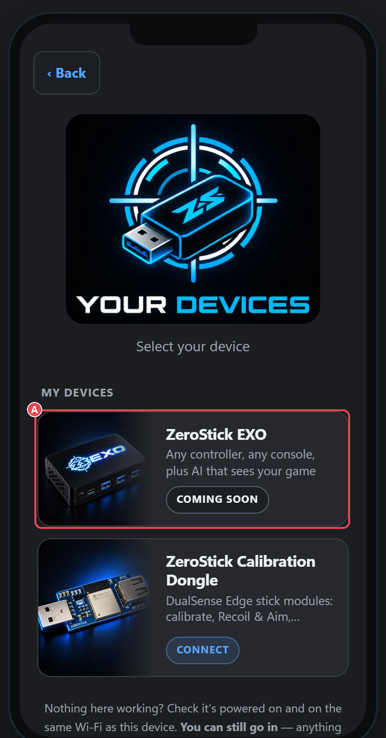 Phone app device list: (A) the ZeroStick EXO tile.