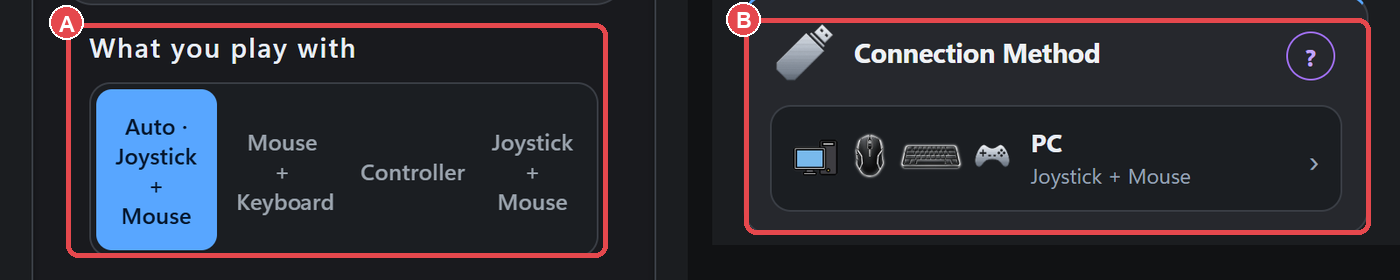 Config Device page: (A) the mouse/controller choice (What you play with), (B) the Connection Method box.