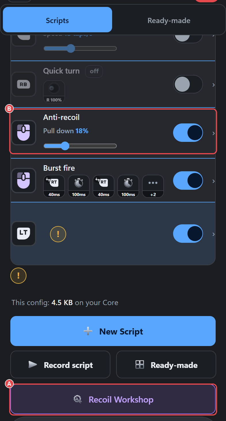 Scripts list: (A) the purple Recoil Workshop button, (B) an existing recoil action (Anti-recoil).
