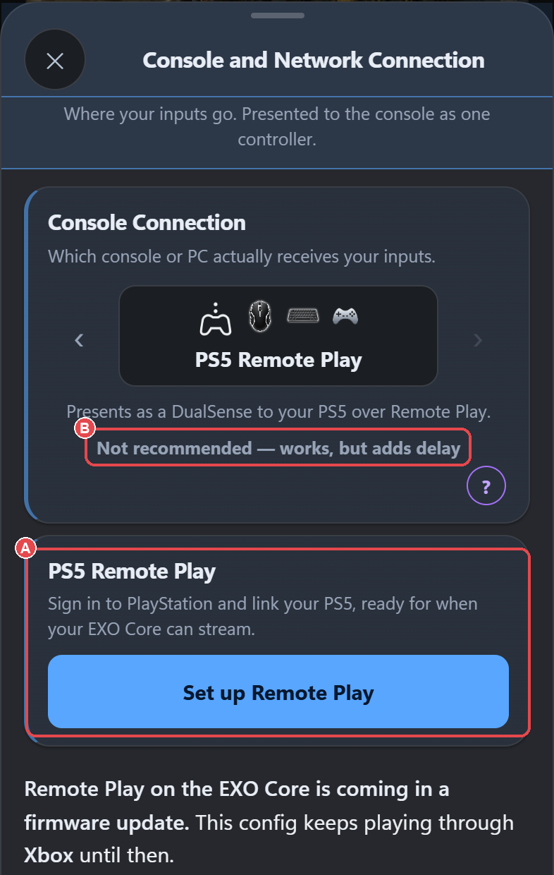 Connection Method panel on PS5 Remote Play: (A) the Remote Play section, (B) "Not recommended - works, but adds delay".