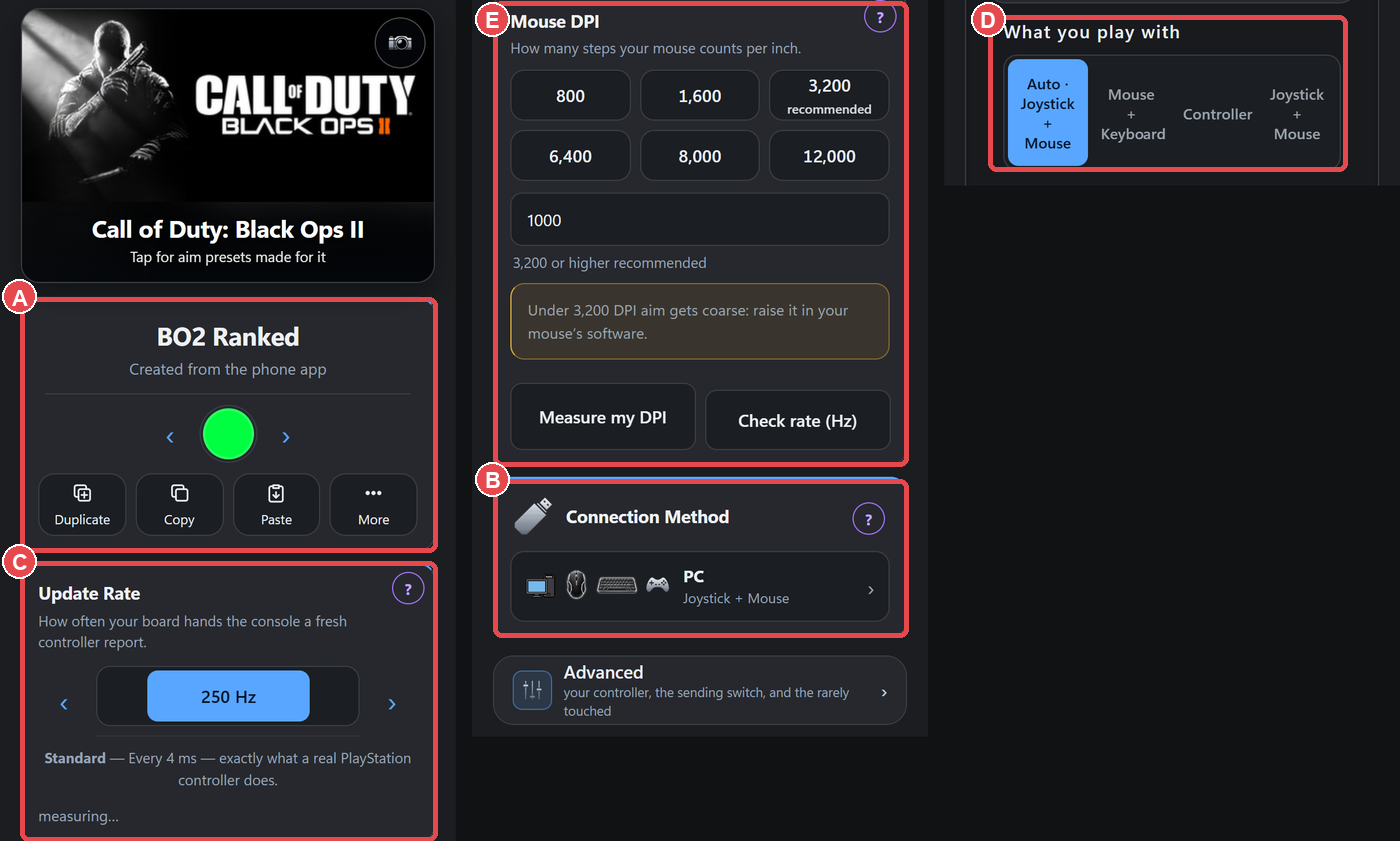Device (Overview) slices: (A) name/colour carousel, (C) Update Rate, (E) Mouse DPI, (B) Connection Method, (D) What you play with.